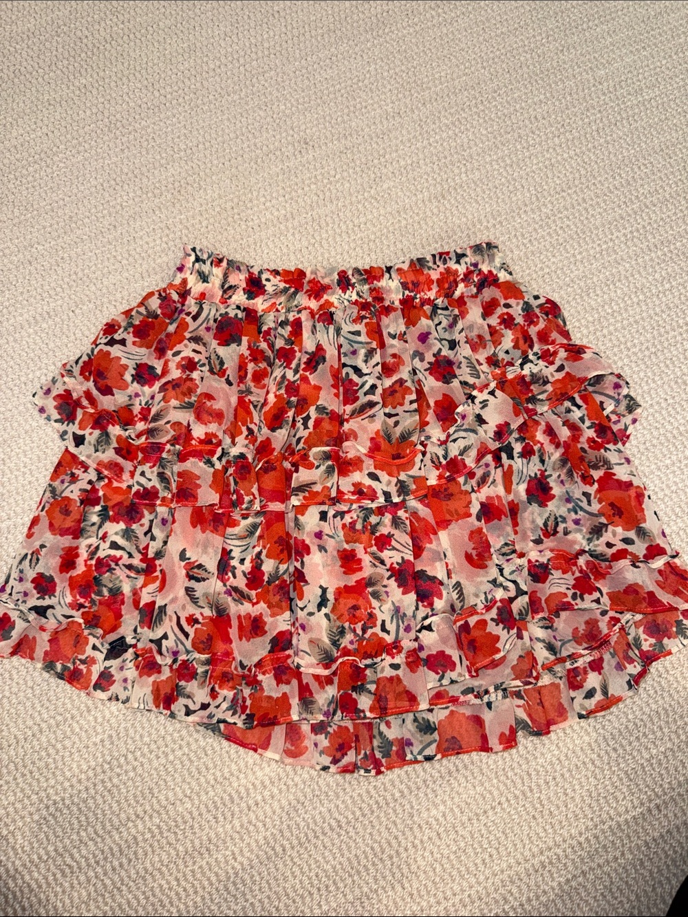 Misa Los Angeles Floral Ruffle Mini Skirt in Red and Pink